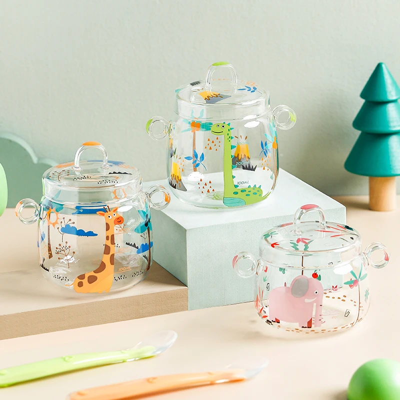 Double Ear Bowl With Scale High Borosilicate Glass Transparent Steamed Egg Custard Stew Cup Household Baby Glass Bowl With Cover