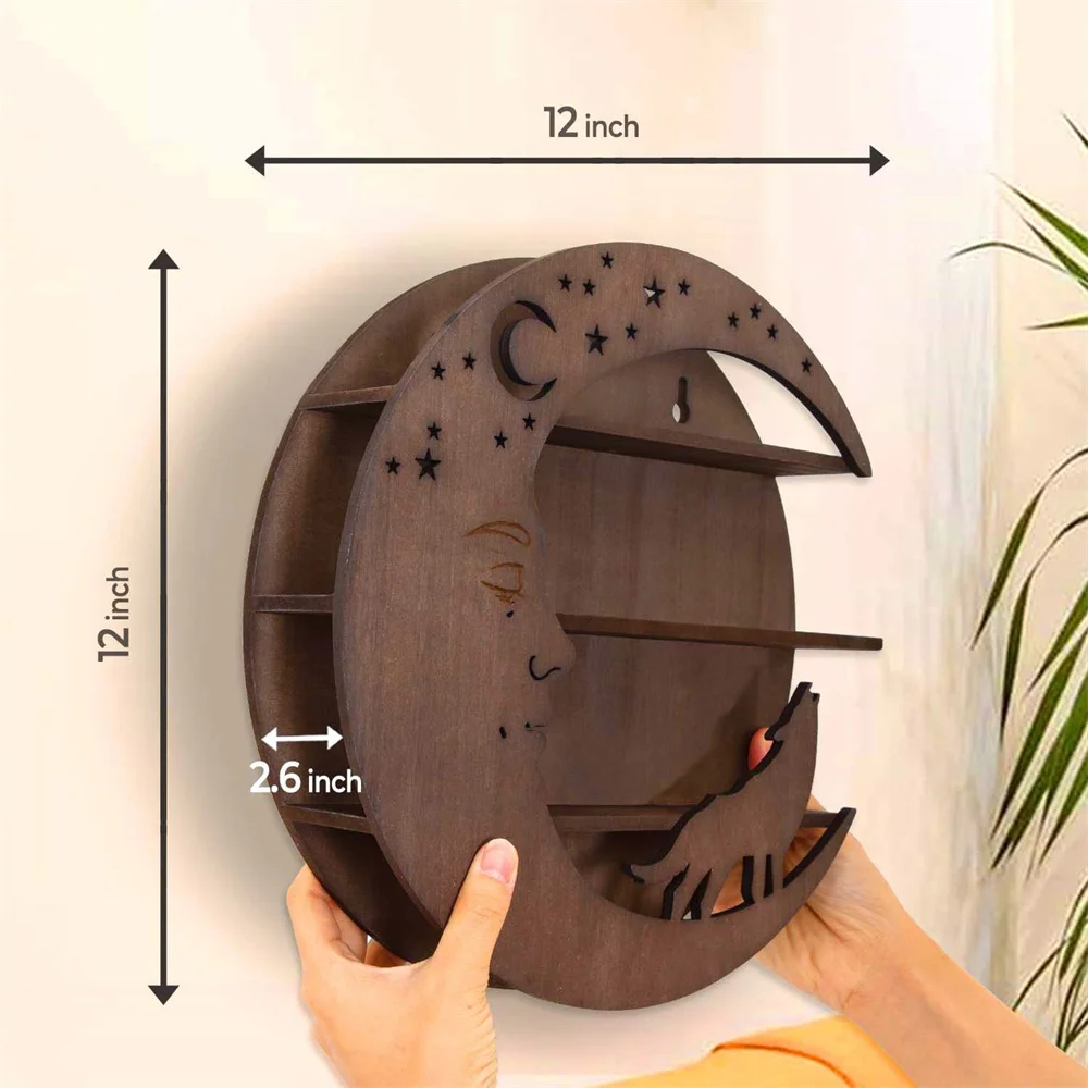 Hi Home Moon and Wolf Floating Shelf-Walnut Floating Shelves for Crystals, Plants, Trinkets-Crescent Moon Shelf with Stars
