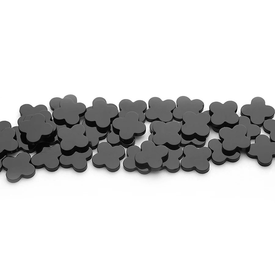 Natural Black Agate Cut Size Shape Wholesale High Quality Four Leaf Clover Double Sided Flat Loose Gemstones Black Agate