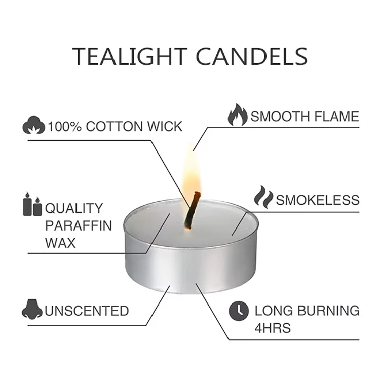 China wholesale personalized 4 hour burn 50 pcs tea light candles natural paraffin wax luxury scented tealight candles in dubai