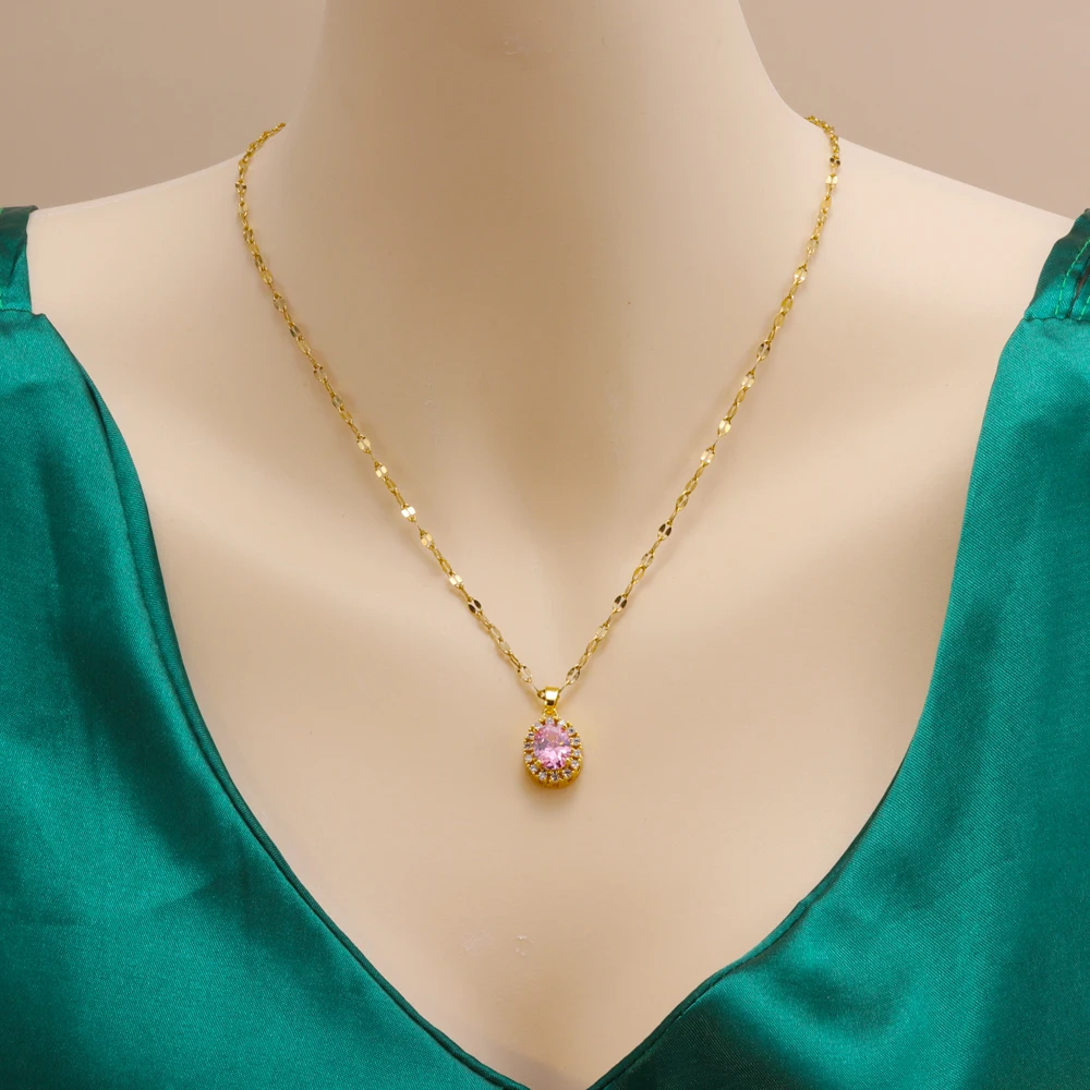 Stainless Steel Chain Necklace Women Gold Plated Waterdrop White Crystal Diamond Cubic Zircon Pendant Necklaces