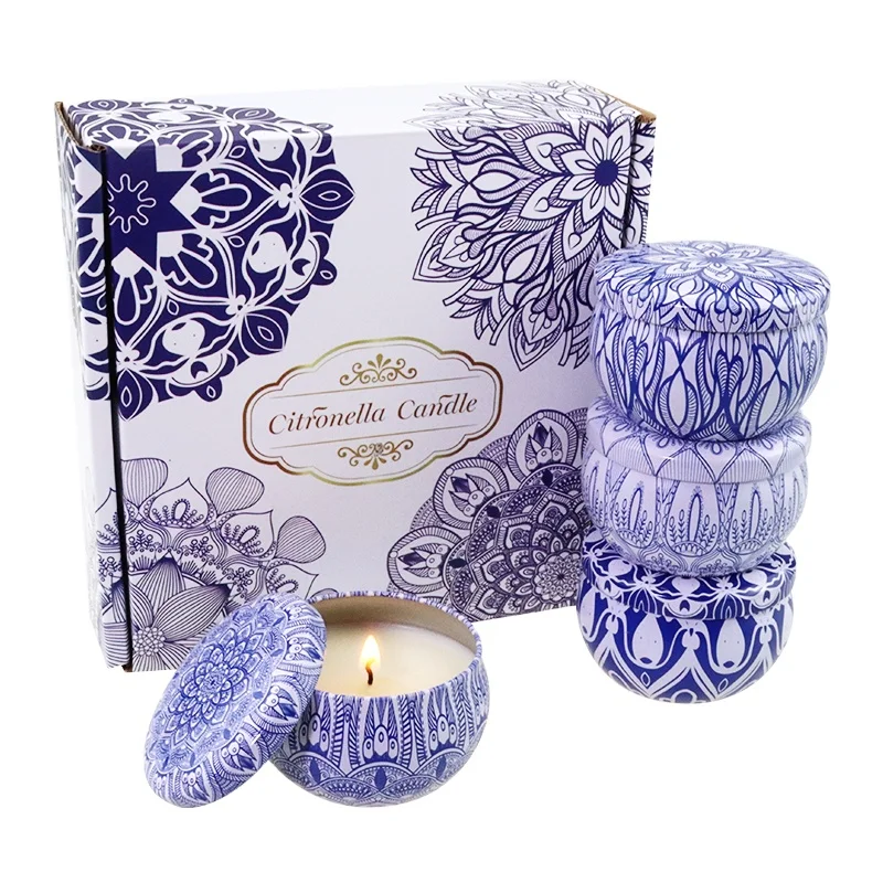 Chinese style home decor handmade scented soy wax candle gift set with blue and white porcelain design