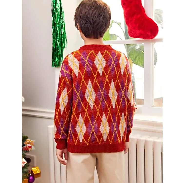 
Boys Christmas Drop Shoulder Argyle Pattern Funny Custom Fleece Sweaters Pullovers 