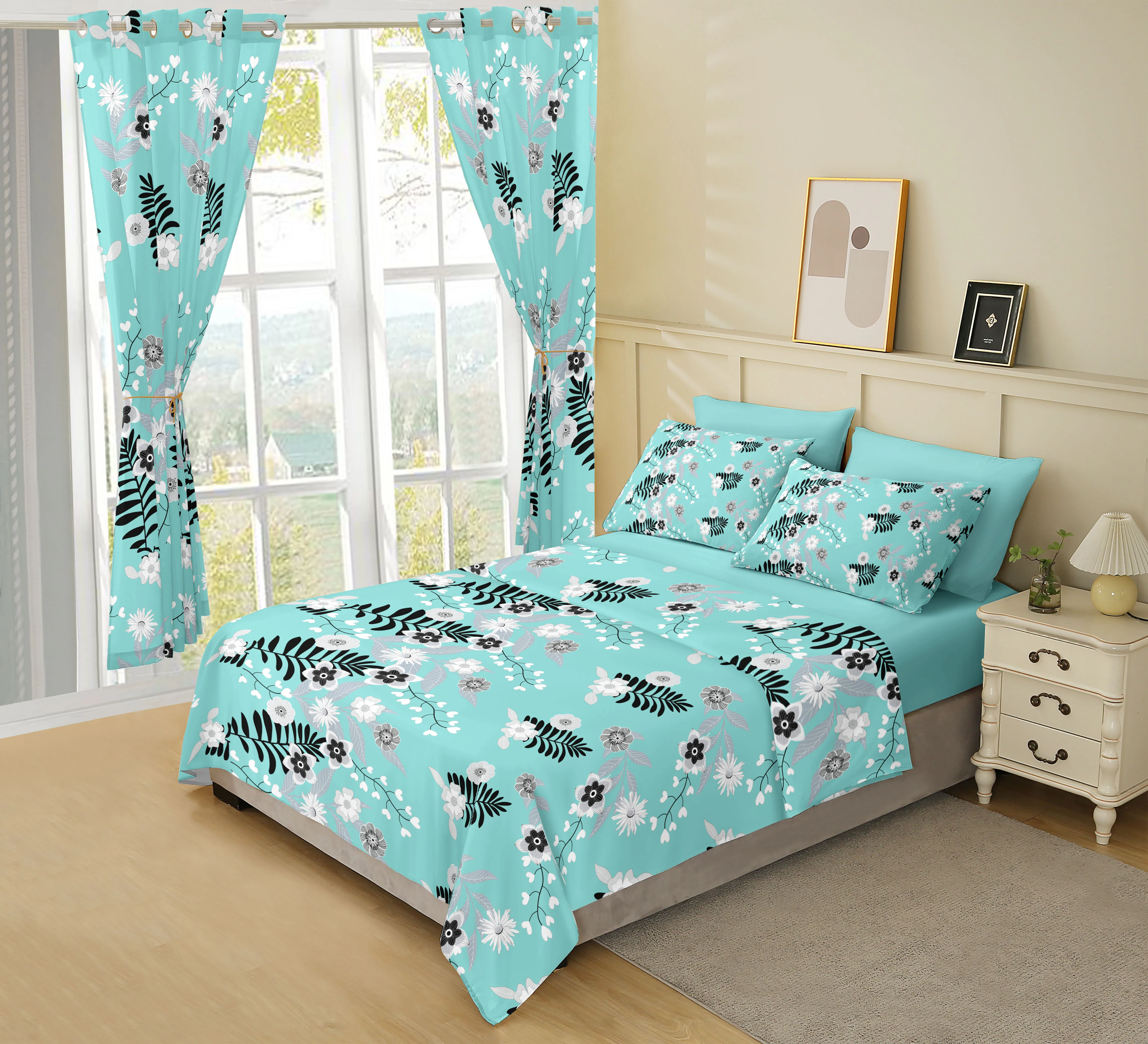 8pc designer Luxury Ultra Soft Comforter All Season duvet bed sheet with curtains bedding set