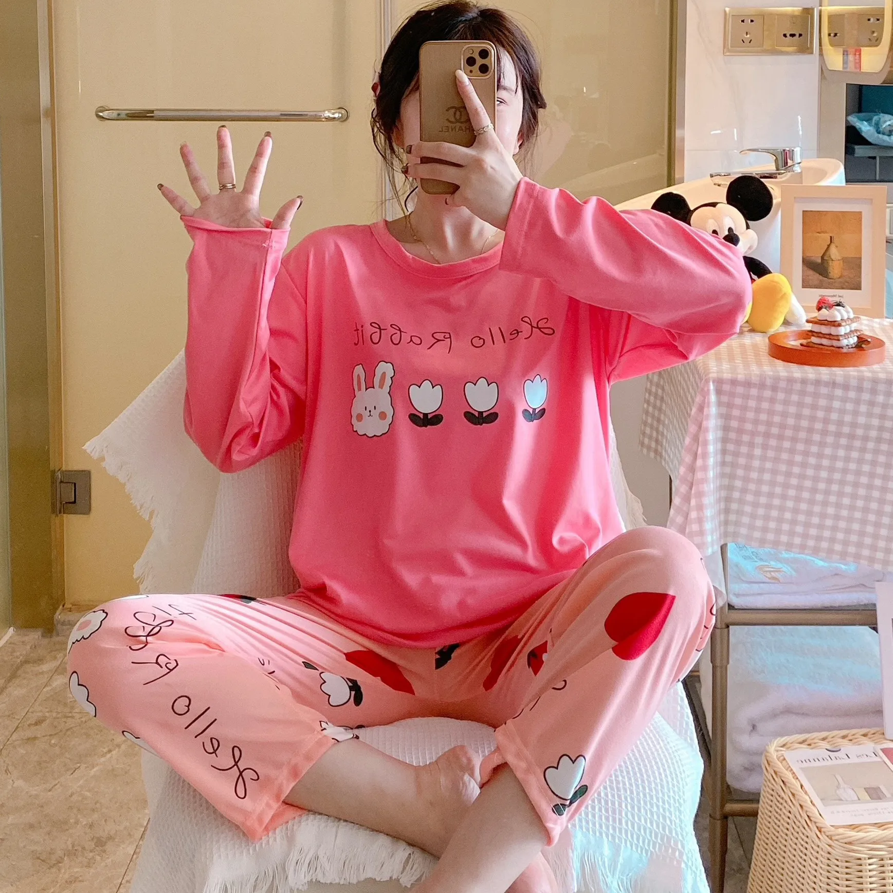 Korea Winter Sleepwear Vendor Daster Wanita Piyama Loungewear Pjs Pijama-Por-Mayor Pyjama Long Sleeve Women Printed Pajama Set