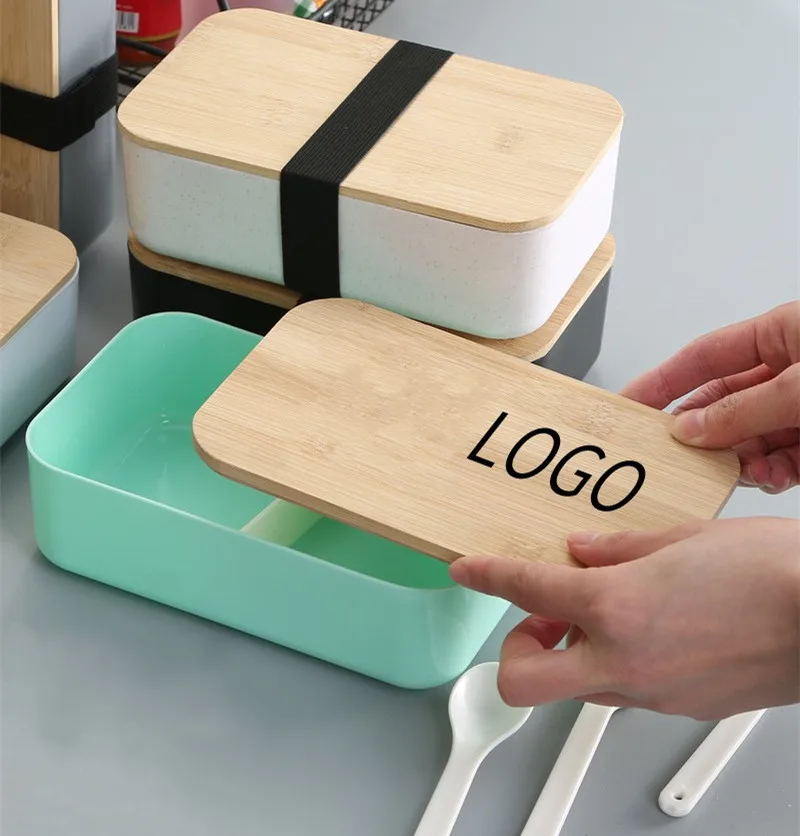 Japan Style lunch box with elastic 1000ML Bento Lunch Boxes Plastic Lunch Box set with Bamboo Wood Lid