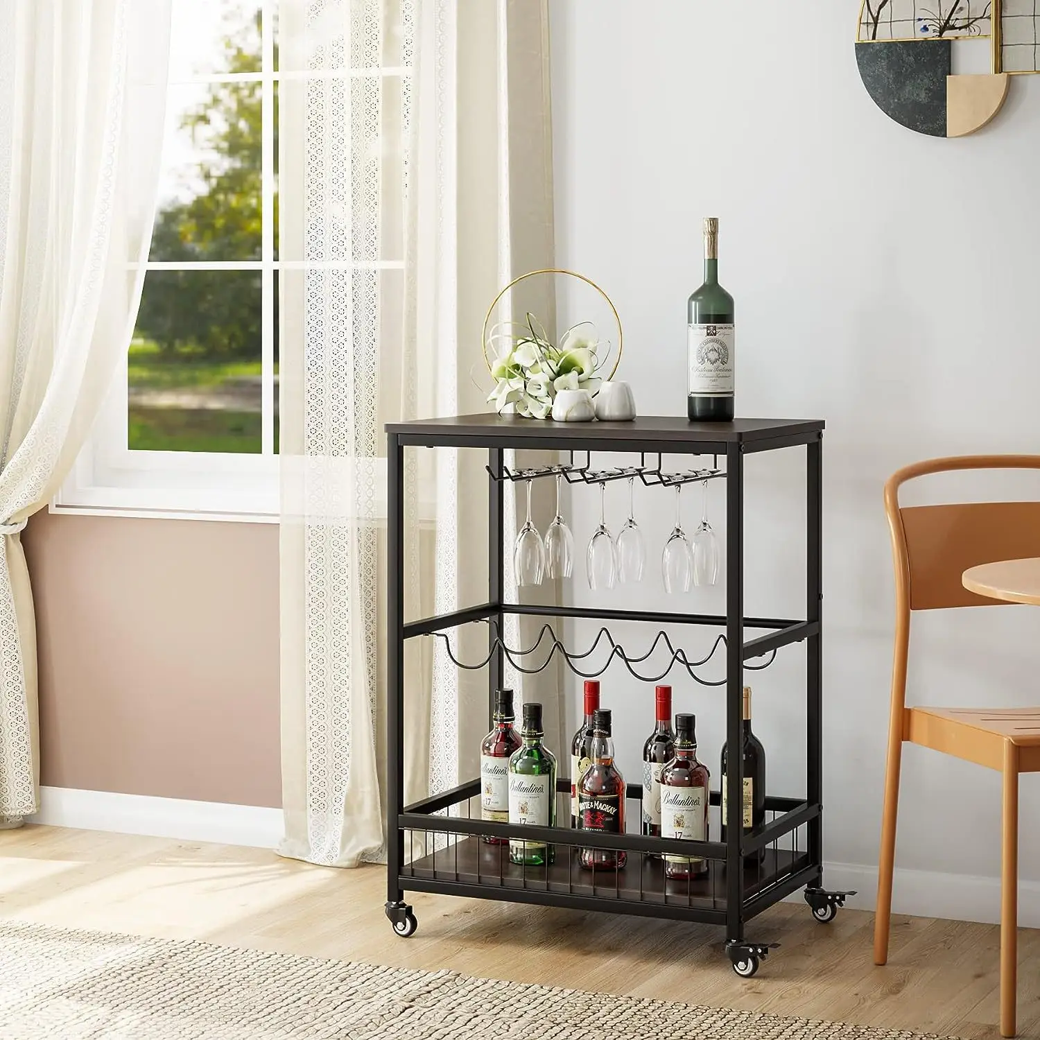 Wine Racks and Glass Holders Kitchen Rolling Wine Beverage Serving Cart Wine Bar Cart