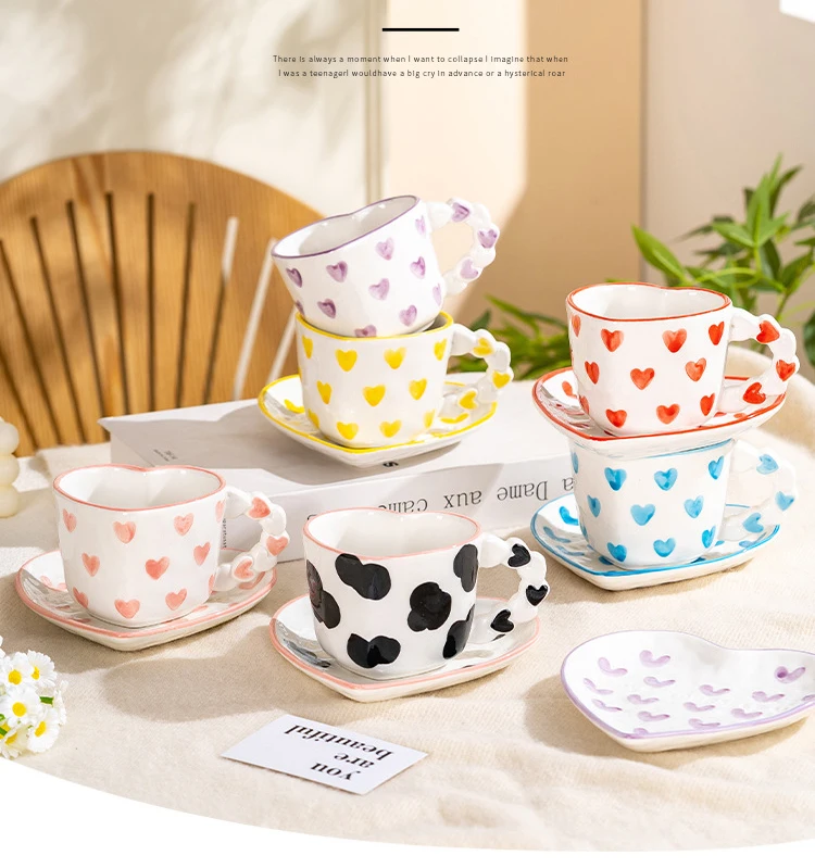 Creative Cute Girl Water Cup Fresh Hand Painted Pink Love Coffee Cups And Dish Underglaze Peach Heart Ceramic Mug And Dish Set