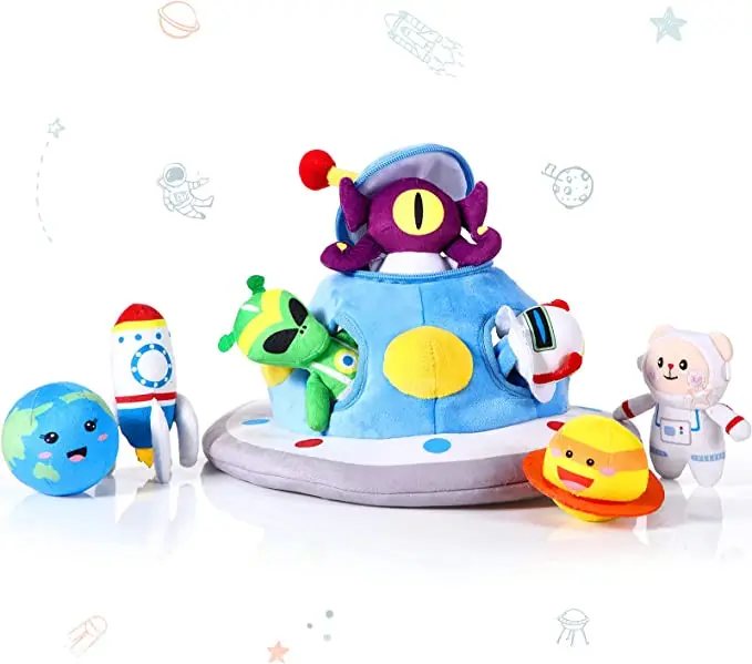 8 Pieces Space Themed Plush Toy Set with UFO Storage Bag, Astronaut Bear, Earth, Saturn, Rocket, 3 Different Aliens, Nice Gift