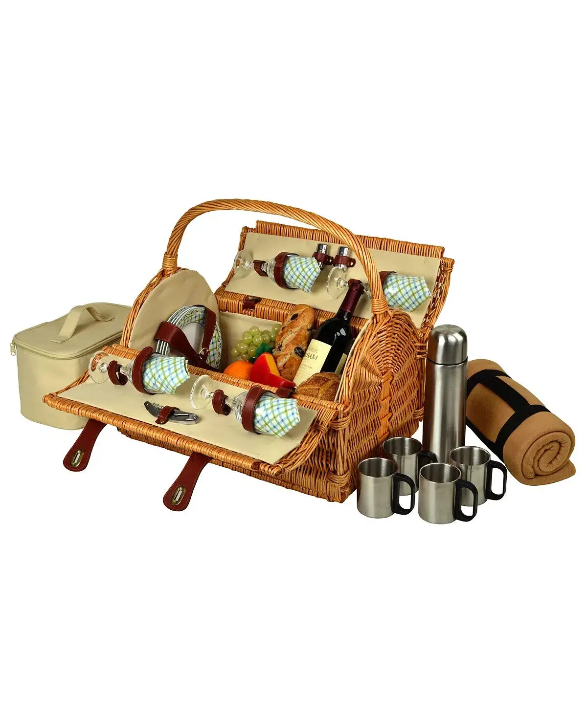 JY Rattan Wine Willow Wooden Top Wicker Picnic Basket Set with wooden Handle and Lid for 4 person