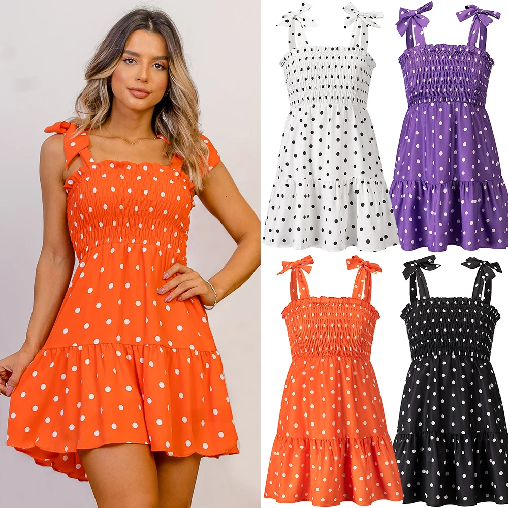 PRETTY-STEPS 2024 factory  new pork dot knee length dress bandage ruffle shoulder strap  dresses for women