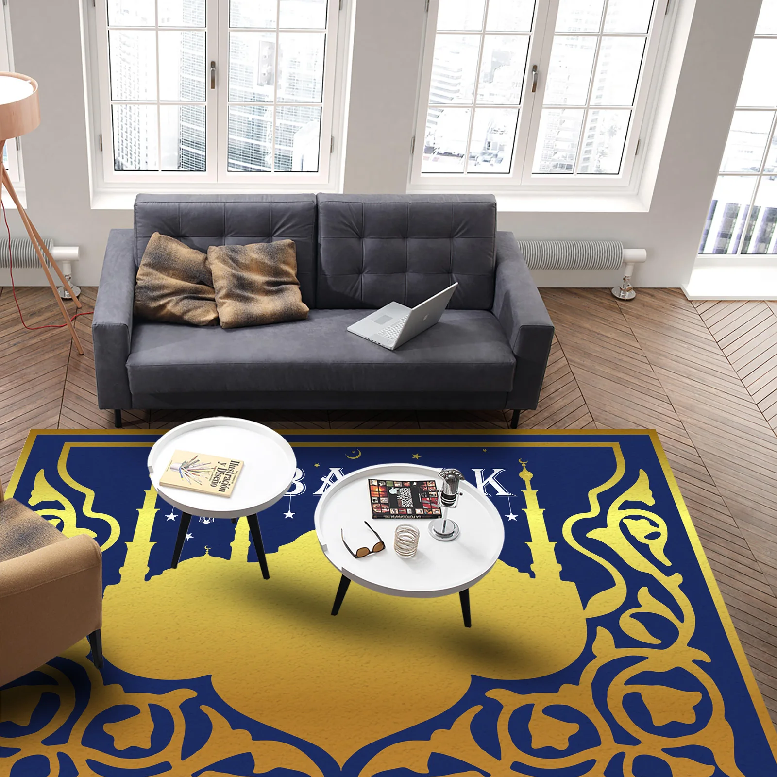 Luxury Dark Blue Musallah Thick Islamic Prayer Mat Washable Muslim Prayer Rug with Anti Slip Backing