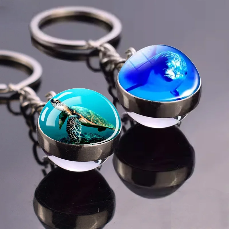 Ocean Jewelry Luminous Shark Turtle Dolphin Starfish Glass Ball Keychain Pendant Keyring Cute Sea Animals Key Chains