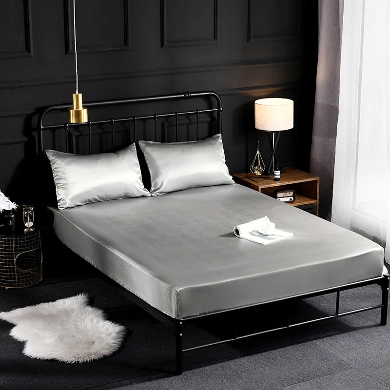 Bedroom Solid Color Silk Touch Satin Mattress Protector Elastic Fitted Bed Sheet With Pillowcase