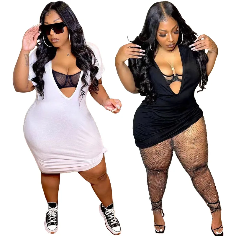 2022 New Arrivals Summer Oversized Casual Short Sleeve Dress Deep V Neck Oversize T Shirt Dresses 4xl 5xl Plus Size Women Dress