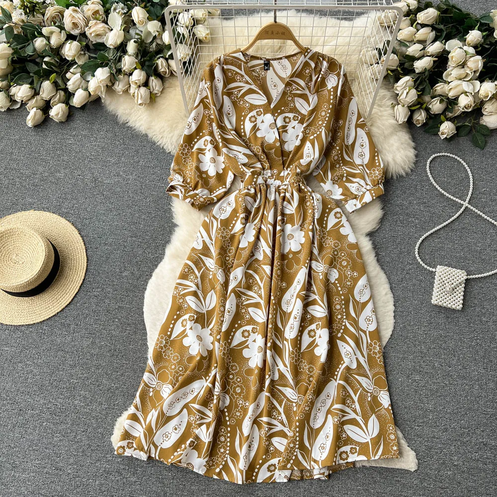 Summer Full Sleeve V-neck Floral Chiffon Casual Dress Women High Waist Midi A-Line Dress Ladies Retro Dresses Clothes Women