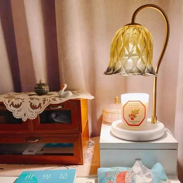Hot Selling 2024 Us/eu Plug No Fire Tulip Glass Candle Melting Lamp Electric Candle Warmer With Marble Base Table Lamp