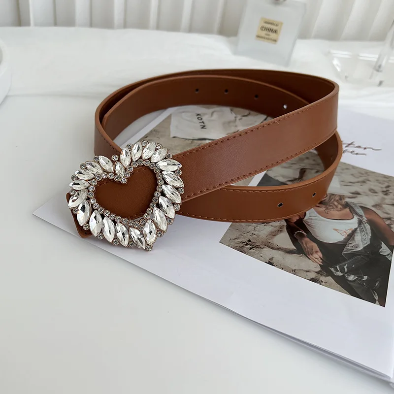 Rhinestone  Belt Bling Heart  Buckle Leather  Belt for Women Ladies Belts for Jeans Pants