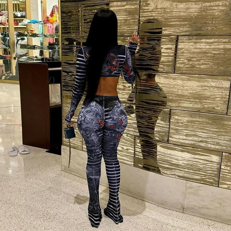 Sharee 2024 Latest Design Hot 2 Piece Pants For Women V Neck Mesh See Through Long Sleeve Crop Tops Print Women Two Piece Set