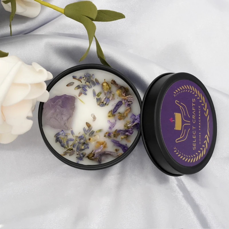 Wholesale Soy Wax Home Aromatherapy Handmade Nature Dried Flowers Crystal Tin candles