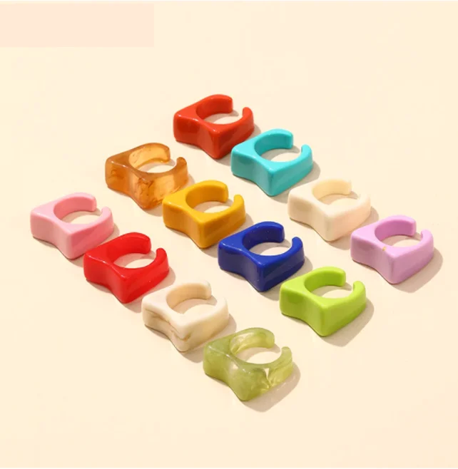 wholesale korean neon resin finger rings fashion geometric women chunky acrylic ring colorful plastic marble rings for girls