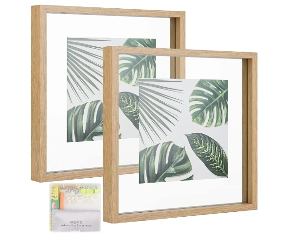 Floating Frame Set of 2 Double Glass Rustic Square Photo Frame Display Any Size Photo Wall Mount or Tabletop Standing Natural