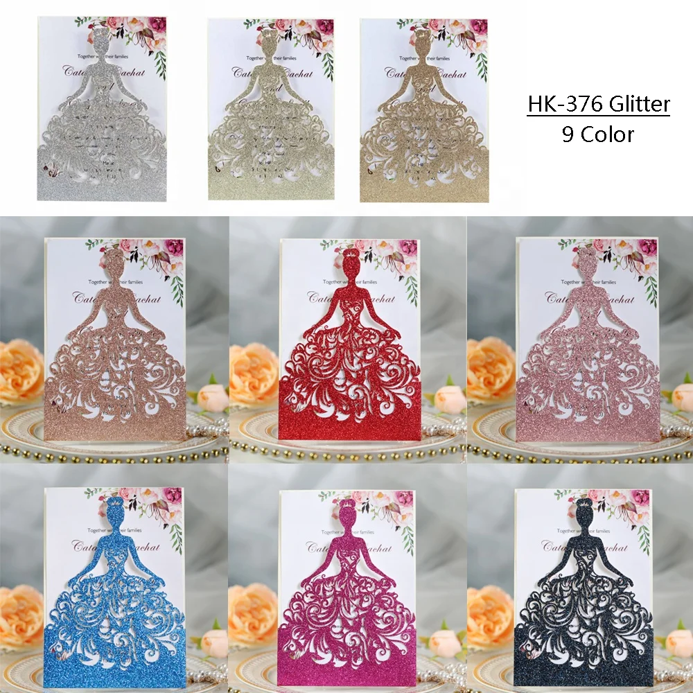 Custom Glitter Laser Cut Luxury Bride Wedding Invitations with Ribbon and Envelopes Greeting Card Set