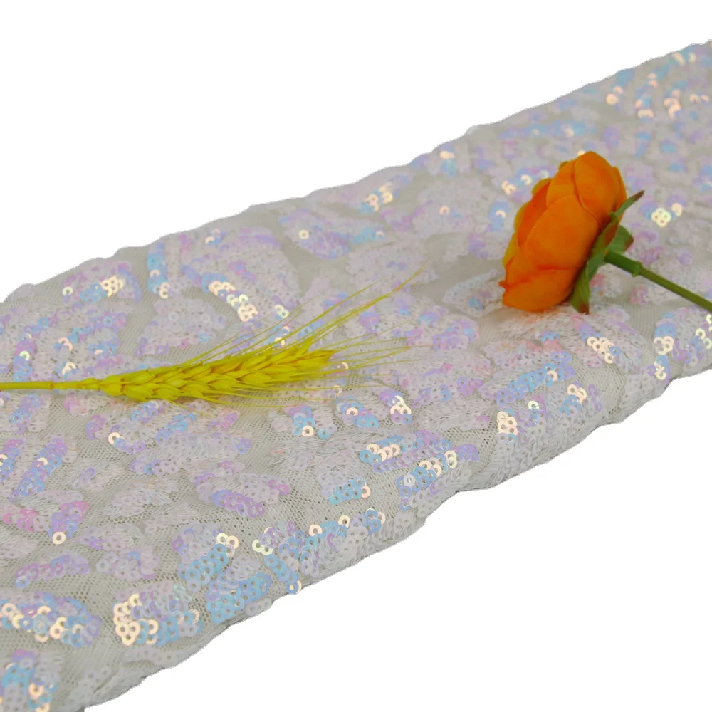 High Quality white glitter Fancy Sequin Embroidery Mesh French African Lace Fabric For Formal Dress Abaya Dubai