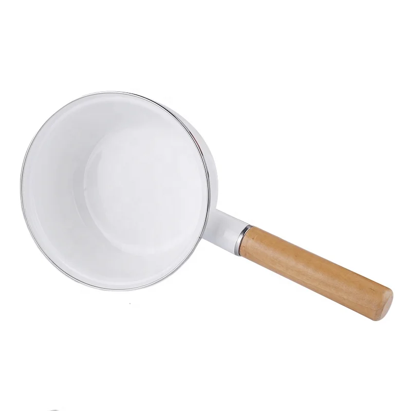 European eco white emamel milk pan coated metal cookware kitchen saucepans with single wooden handle