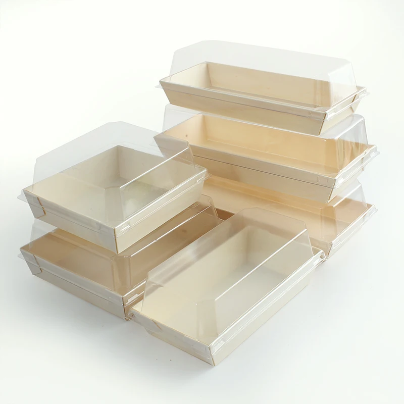 Poplar Wooden Take Out Sushi Box Pastry Salad Food Container With Clear Lid