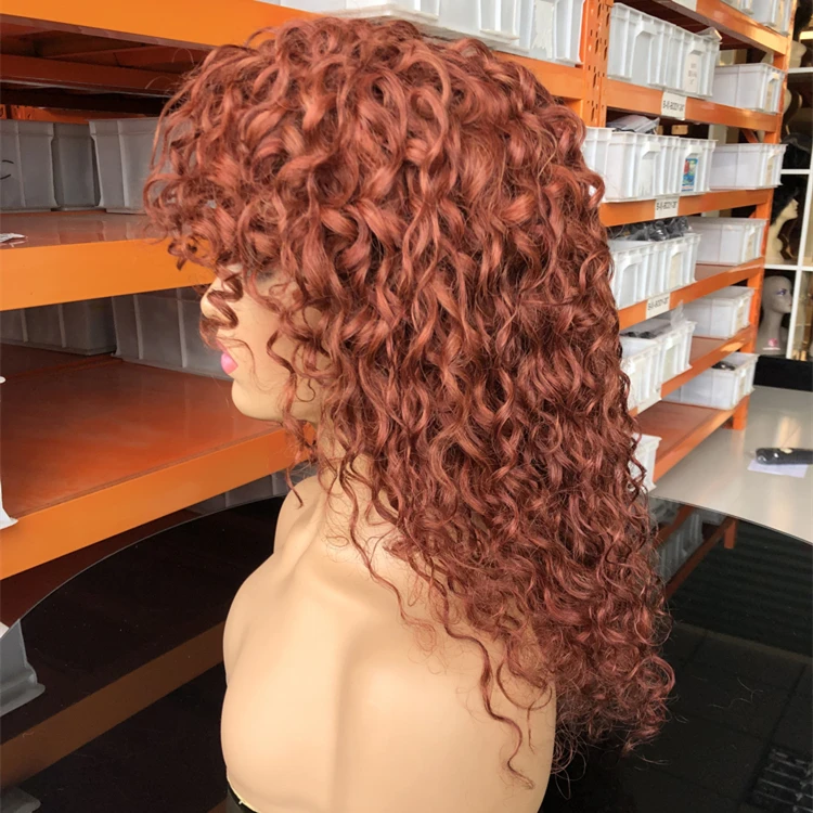 Red Brown Short Loose Curly Wigs With Bangs Indian virgin Cuticle Aligned Human Hair Wigs Loose Wave Transparent Lace Front Wig