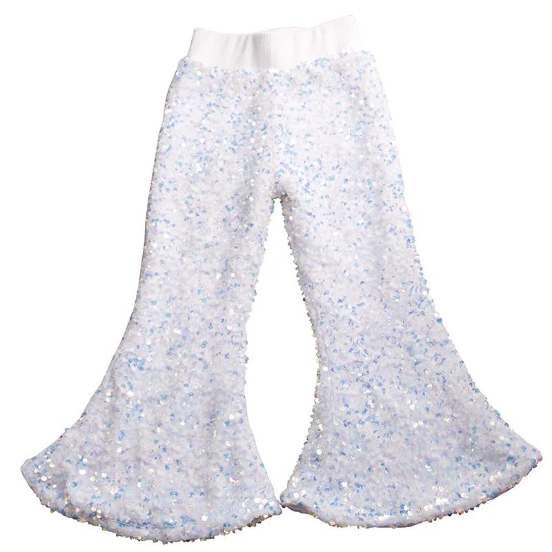 New Arrival Customize Shiny Sequin Bell Bottoms Children Elastic Kids Clothing Baby Girls Fashion Solid Color Pants Trousers