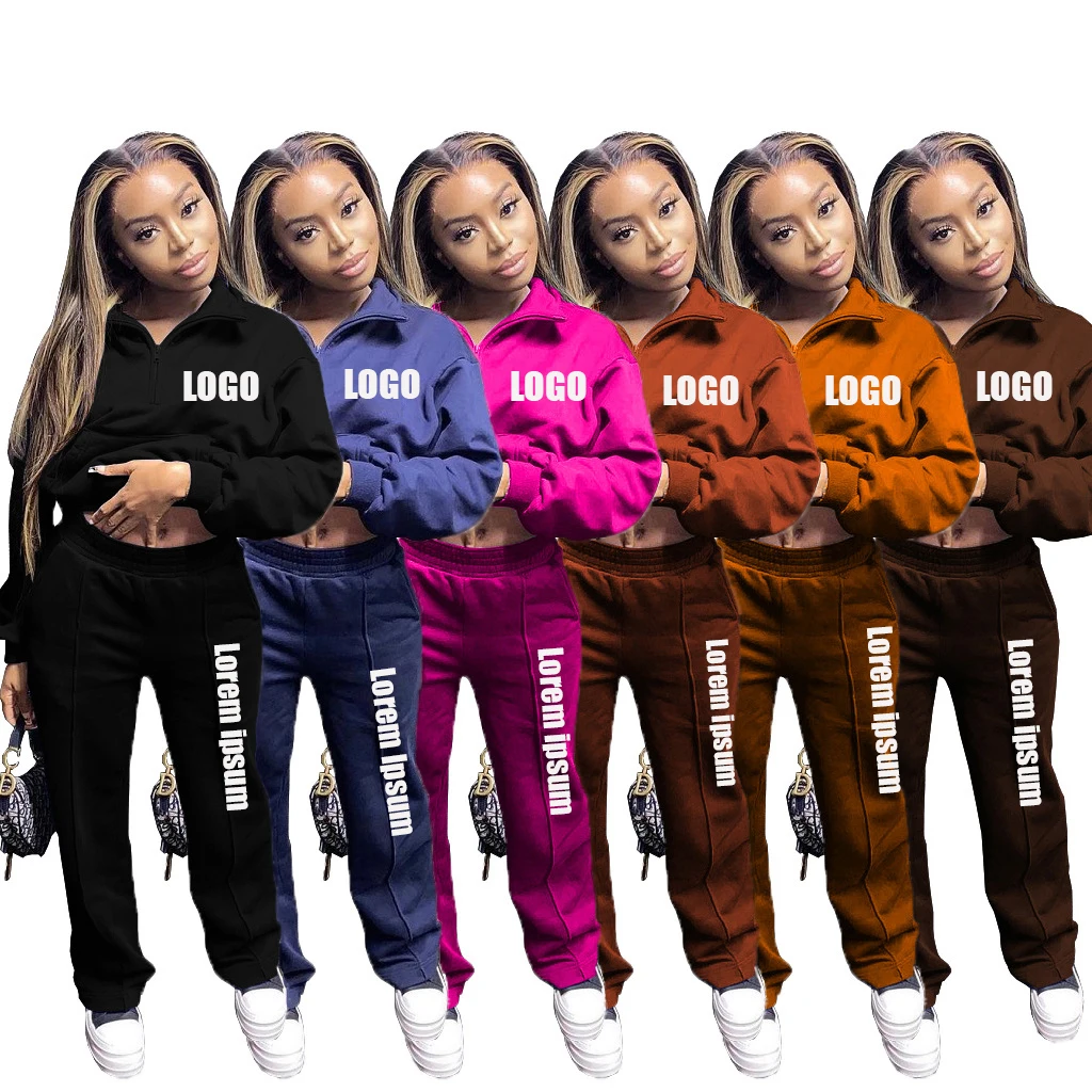 Ladies Tracksuits 2021 Winter Custom Logo Zipper Turtleneck Sweatshirt Hoodie and Sweatpants 2 Piece Set Sweatsuit