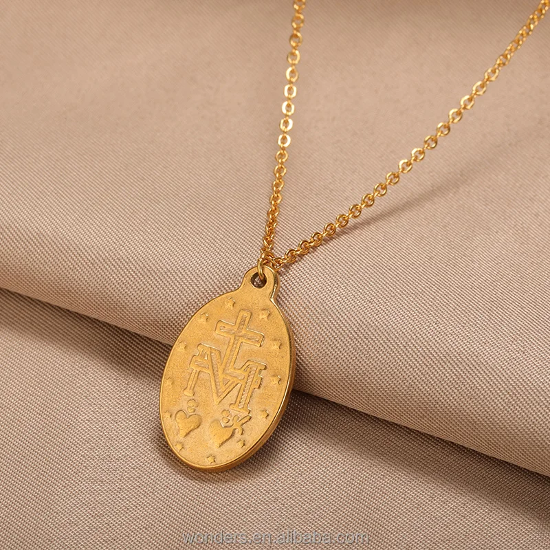 Stainless Steel Cross Two Sides Faith Jesus Catholic Coin Pendant Necklace For Women Men Church Jewelry