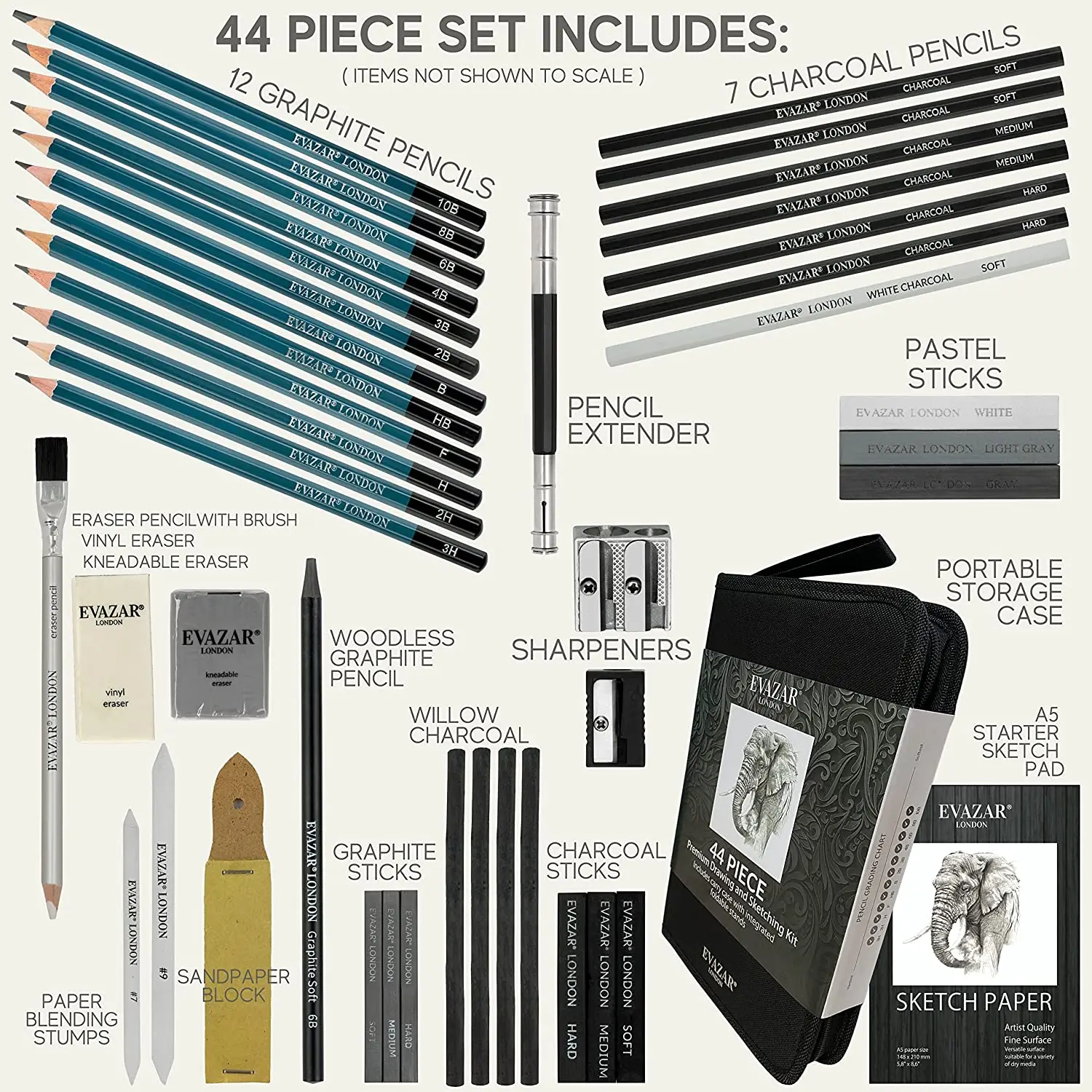 EVAZAR London 44pcs Sketching and Drawing Art Supplies, Includes Graphite & Charcoal Pencils & Sticks Plus Accessories