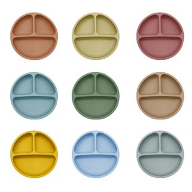 Factory Silicone Round Divided Plates Baby Eating Food Training Tableware Kids Dining Separated Suction Plate
