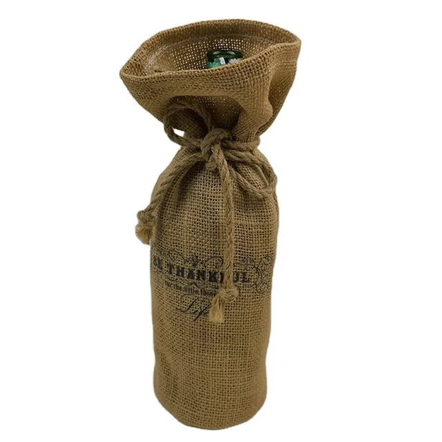 Custom Logo Printing Party Wedding Gift Pouch Jute Promotional Single Wine Bottle Bags Jute Wine Gift drawstring Bag
