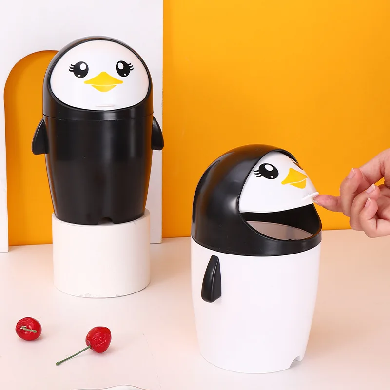 Office Penguin Mini Car Waste Bin Desktop Flip Top Dustbin Countertop Small Portable Plastic Trash Can