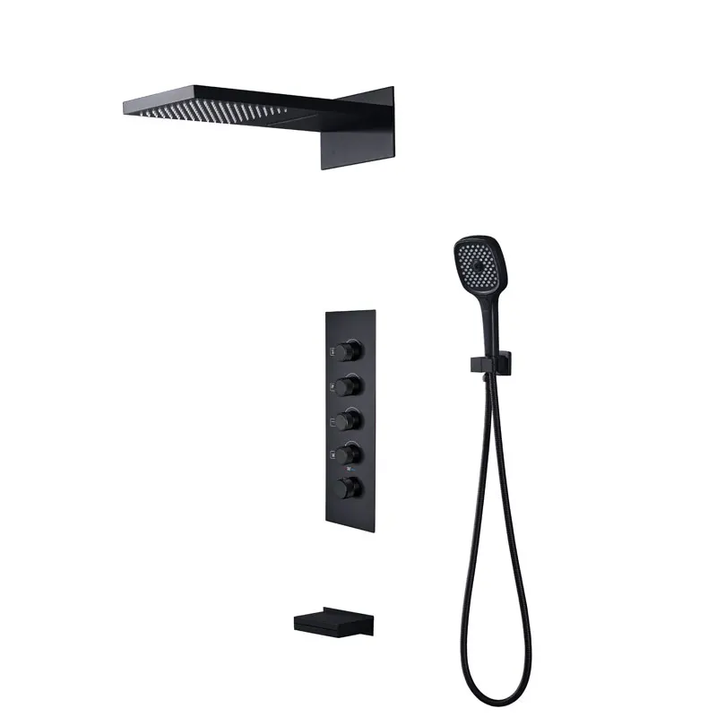 Wall Mounted Black Brass Bathroom Thermostatic Shower Faucet Set Waterfall Feiyu Shower Head Bath Faucet