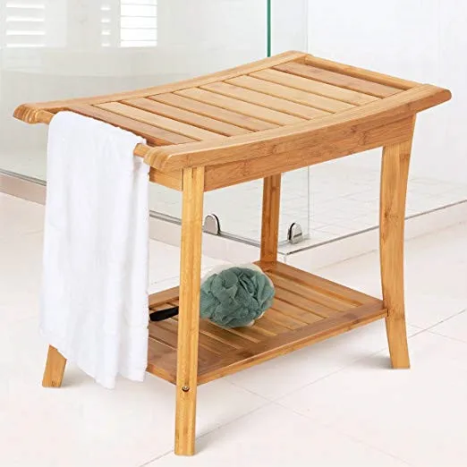 Bamboo Shower Bench Shower Chair Spa Bath Seat Stool Wood Spa Bench with Storage Shelf