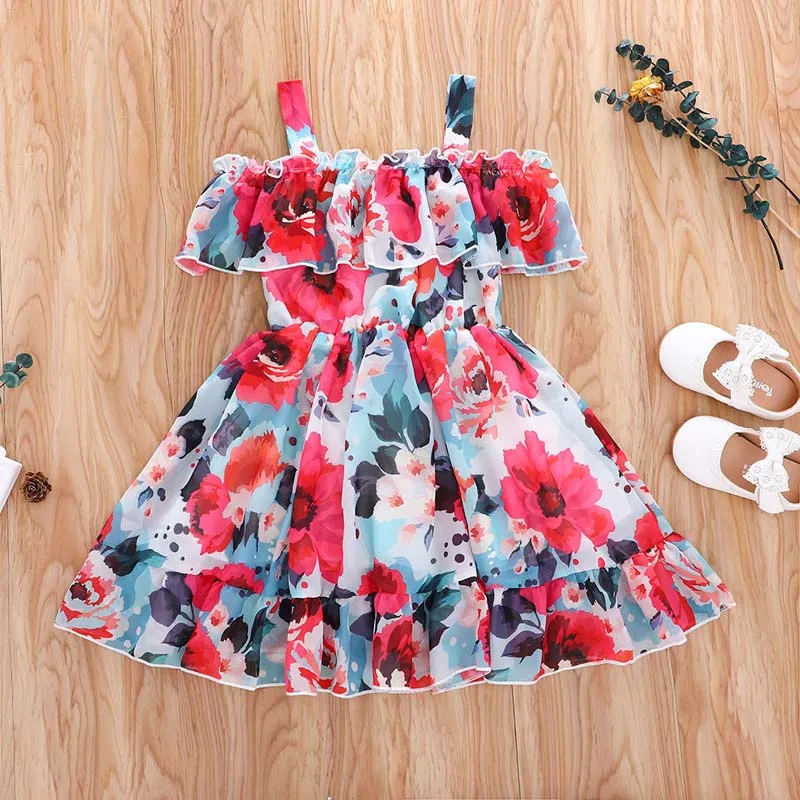 Hot Sale 16 Colors Summer Baby Clothes Flower Pattern Party Wear Sleeveless Ruffled Dress For Children Girl
