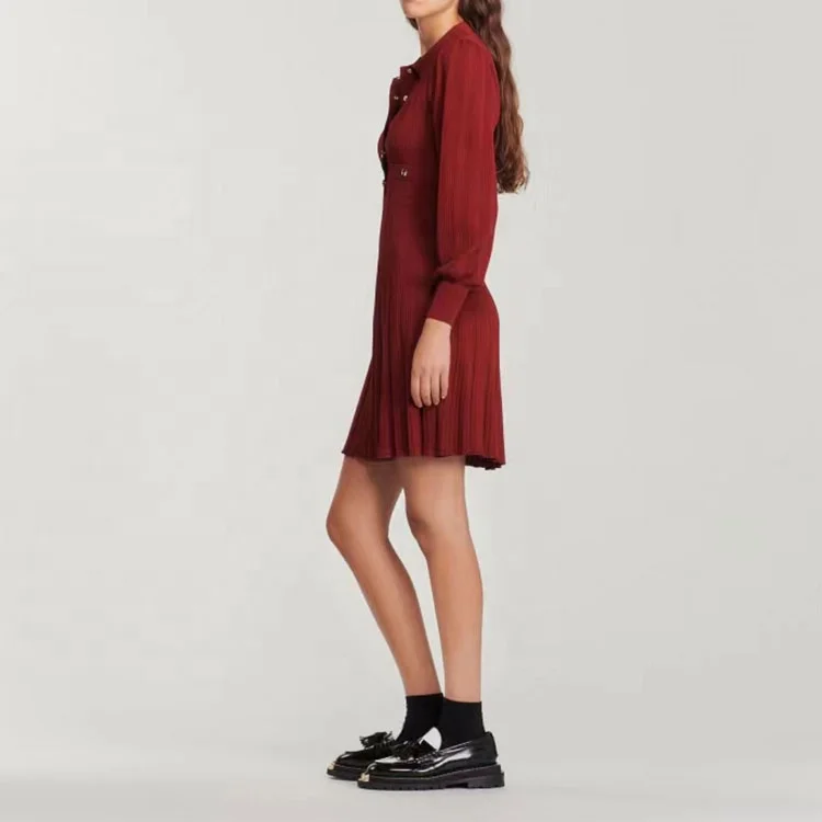 Производители трикотажных изделий под заказ воротник-поло с длинным рукавом ребристая трикотажная женская кофта плиссированное платье