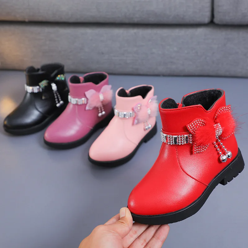 Girls 2024 fashion new princess boots leather outdoor boot bright bow 4 colors fashion boots