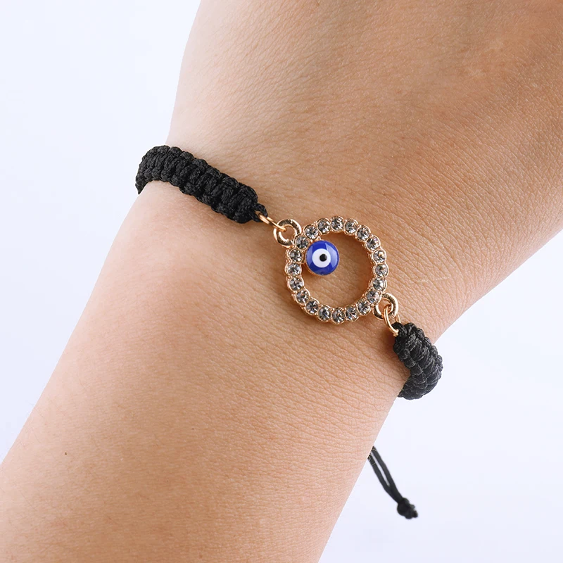 Wholesale Black Rope Handmade weaved Fashion Crystal Diamond Round Exorcise Devil Eye Bracelet for Adult