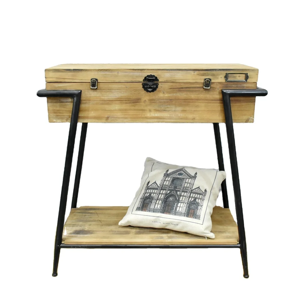 Luckywind Modern Farmhouse Decorative Home Furniture Wooden Side Table Feet and Trunk Top with Iron Living Room Cabinet Antique