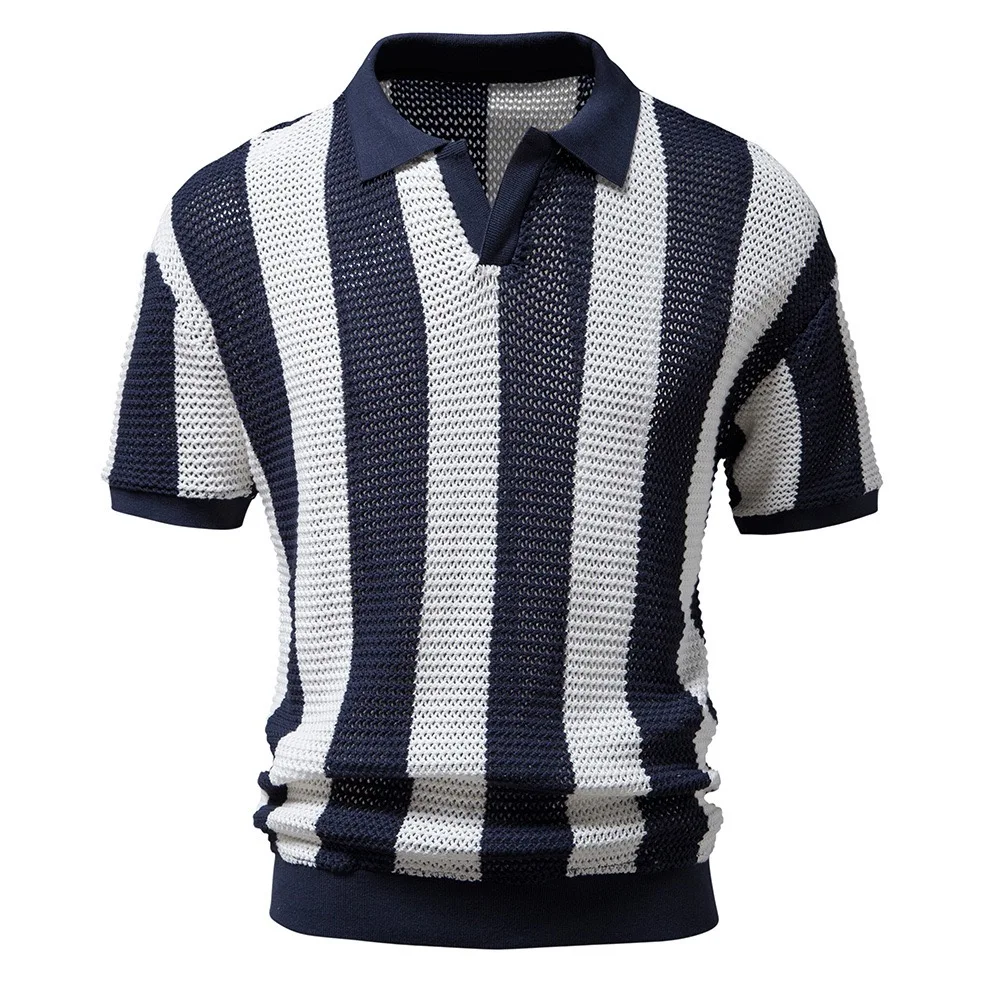 OEM Manufacturer Custom Striped Loose Mesh Jacquard Cutout Crochet Sweater Pullover Short Sleeve  Knit Crochet Shirt Men