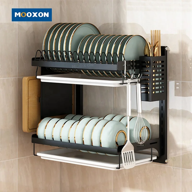 Wall Mount 2  Tier Plate Organizer Countertop Storage Stand Stainless Steel Bowl Drainer Dish Drying Rack With Cutlery Holder