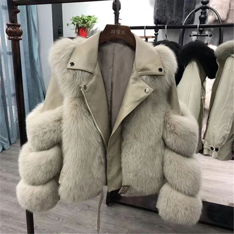 BOBOYU high quality fleece warm luxury faux fur parka women fashion patchwork leather motorcycle jacket winter coat