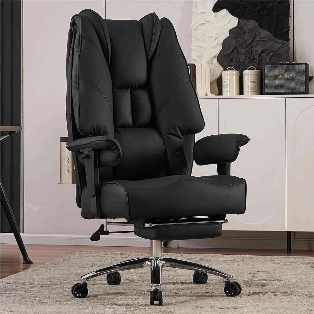 JL Big and Tall Office Chair 400lbs Wide Seat Leather Boss Chaise High Back Black Executive Computer Chair with Foot Rest