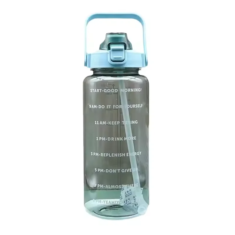 2L Plastic Sport Drinking Water Bottle Large Capacity Motivational PC Portable Space Cup With Straw For Outdoor Gym Kid School